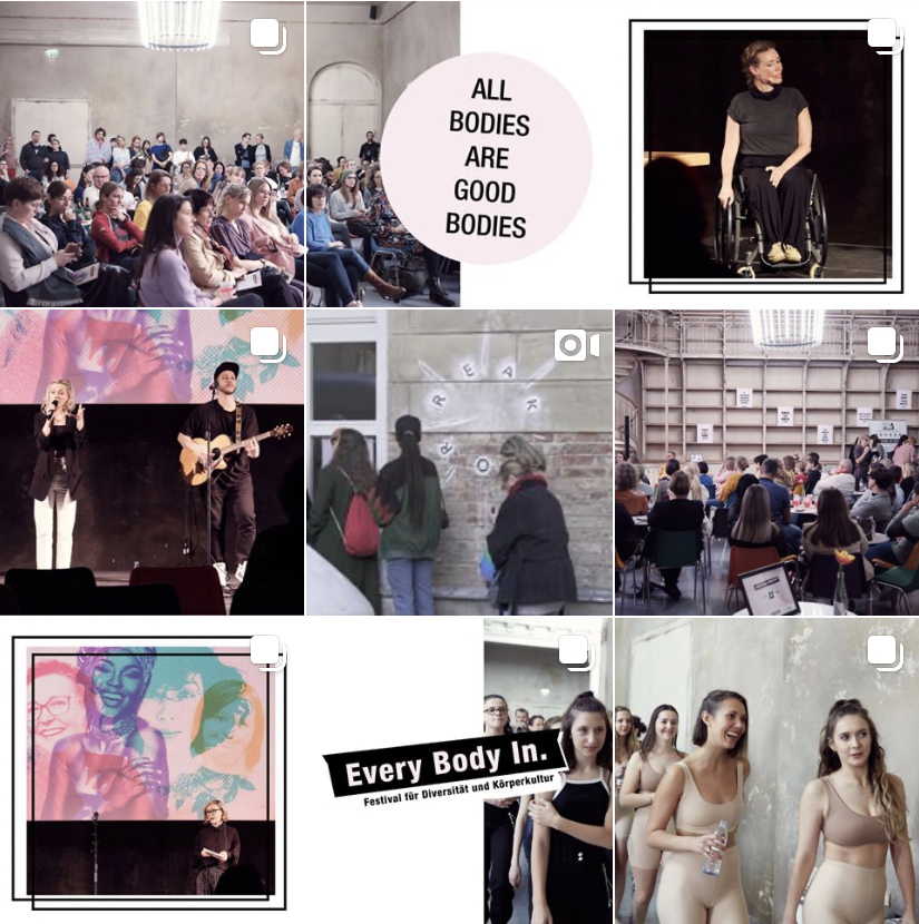 Auf dem Bild ist ein Ausschnitt der Social Media Kommunikation über das Every Body In. Festival auf der Instagram Seite von @skinybodywear zu sehen. 